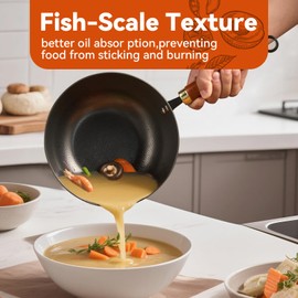 WANGYUANJI 8.6-Inch Chemical-Free Small Wok with Wooden Lid & Stainless Steel Spatula