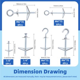 Glarks 30pcs 3 Styles M4 M6 Toggle Bolts Toggle Anchors Butterfly Anchors, Spring Toggle with Wing Nut Set 6 Size Toggle Bolt & Eye Bolt & Ceiling Hooks for Ceiling, Sheetrock, Hollow Wall