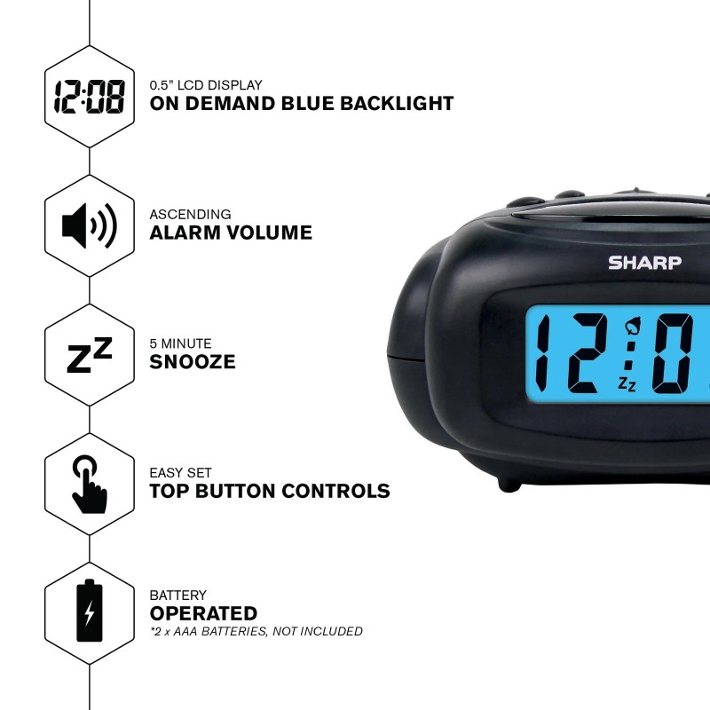SHARP Digital Alarm Clock, Black, LCD Display, Battery Operated, Small,