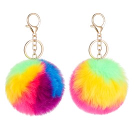 Otuuz 2 Pcs Fluffy Keychain Rainbow Pom Pom Keyring 3.9 Inch Soft Plush Keyring Faux Fur Ball Pendant with Gold Plated Keyring for Women Girl Handbag Backpack Hanging Decoration