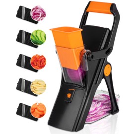 EMSON Safe Mandoline Slicer for Kitchen, All in 1 Potato Slicer Vegetable Slicer Food Slicer Vegetable Cutter, Mandolin Slicer for Veggies and More with 5 Blades and Storage Container
