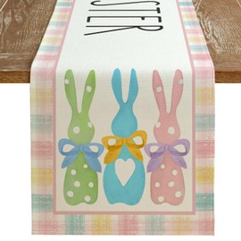 ARKENY Happy Easter Table Runner 13x108 Inches, Bunny Rabbit Pink Spring Holiday Farmhouse Burlap Buffalo Plaid Indoor Table Decorations for Home AT395-108