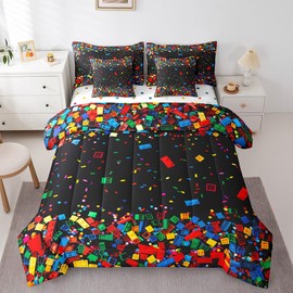 3D Building Blocks Bedding Sets Construction Comforter Set 7 Piece Bed in a Bag Twin,for Boys,Colorful Sheet Set with Comforter Kids Bricks Rainbow Gradient Room Decor for Teen Girls,Black