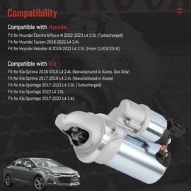 Starter Motor Fit for Kia Optima 2016-2018, Sportage 2017-2022, Fit for Hyundai Elantra N/Kona 2022-2023, Tucson 2018-2021, Veloster N 2019-2022, 2.0L 2.4L, 12V 1.2KW 11-Teeth Clockwise