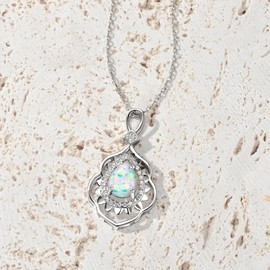 YUNKAI Opal Necklaces for Women Sterling Silver, Pear/Round/Oval Created-Opal Pendants, Dainty Vintage Necklace Fine Jewelry Gift for Birthdays Anniversaries, October Birthstone Pendant