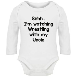 Hippowarehouse I'm Watching Wrestling with My Uncle Baby Vest Bodysuit (Long Sleeve) Boys Girls White
