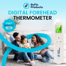 ByFloProducts, Thermometer Adult and Baby, Forehead Digital Thermometer, Infrared Touchless Temperature Thermometer Gun, Temperature Memory and Fever Alarm, Easy to Use 1 Second Reading Temperature