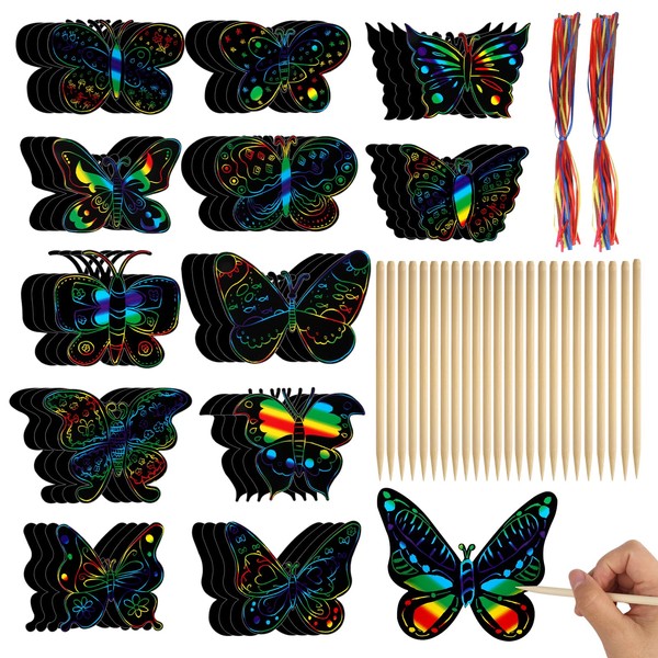 48 Pcs Butterfly Scratch Art for Kids, Rainbow Scratch Paper,