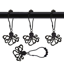 Octopus Shower Curtain Hooks for Bathroom Decorative - Rust Proof Stainless Steel Black Curtain Rings Set of 12 with Funny Octopus Creature Nautical Theme Bathroom Decor Accessories (Black)