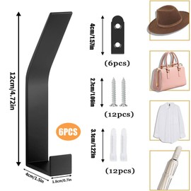 Pack of 6 Coat Hooks, Black, Wall Coat Hooks, Towel Hooks for Drilling, Modern Coat Hooks, Double Coat Hooks Wall for Jackets, Coats, Clothes, Scarves, Handbags and More (Black)