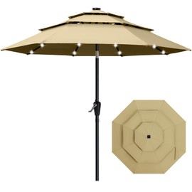 ABCCANOPY 3-Tiers 9FT Solar Patio Umbrella, Outdoor Umbrella with 32 LED Lights for for Deck, Pool, Garden, Backyard (Khaki)