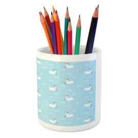 Lunarable Swan Pencil Pen Holder, White Swans and Daisies Pattern Floral Valentines Theme Vintage Style Design Art, Ceramic Pencil Holder for Desk Office Accessory, 3.6" X 3.2", Pale Blue White
