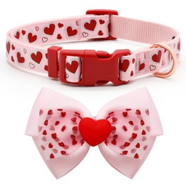 azuza Valentine's Day Dog Collar Removable Valentine Bowtie Dog Collar with Cute Pink Heart Pattern Spring Dog Collar Valentines Day Gift for Medium Dogs in Valentine's Day