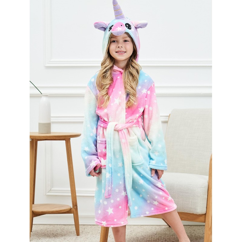 Girls Unicorn Hooded Robe with Matching Slippers, Headband, Blindfold Rainbow