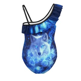 WELLFLYHOM Wolf Flame Bathing Suits for Girls 9-10 Ruffle Full Coverage Swimsuit Rose One Piece Beachwear One Shoulder Swimwear Sleeveless Bathingsuits for Swimming Outdoor Beach