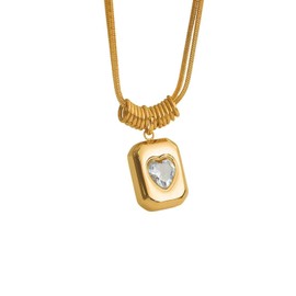 Karmiir Tag Pendant Necklace for Women 18K Gold Plated with Heart Gemstone Centerpiece - Titanium Steel Double Snake Chain, Adjustable 17.7” + 2” Extender, Elegant Geometric Jewelry