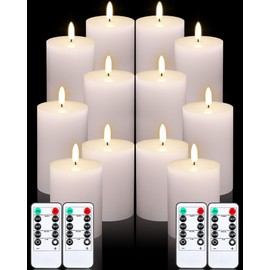 VIHOSE 12 Pack White Flameless Candles Set with Remote and Timer Flickering Flameless Battery Candles Flat Top LED Pillar for Wedding Outdoor Home Festival Decoration(D 3'' H 4'' 5'' 6'')