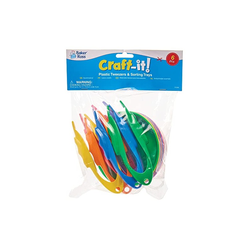Baker Ross FC936 Plastic Tweezers and Sorting Trays, 6 Pack,