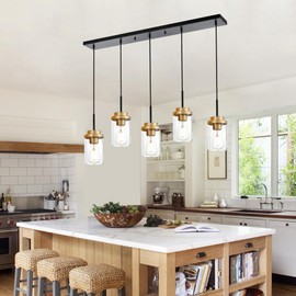 MELUCEE 5-Lights Adjustable Hanging Pendant Light Fixtures 40.1 Inches in Black, Modern Kitchen Island Lighting Linear Chandelier for Dining Room Over Table with Clear Glass Shade, Gold Socket