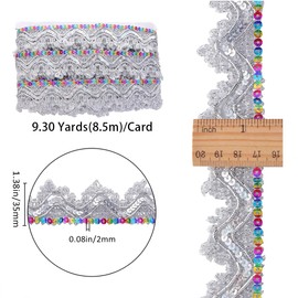 GORGECRAFT 9.3 Yard 1.4 Inch Silver Beaded Lace Trim Fringe Tassel Sequined Metallic Fabric Ribbon Wavy Glitter Mesh Embroidery Gimp Trim Braided Sequin Paillette Sewing Edging Trimming for DIY Crafts