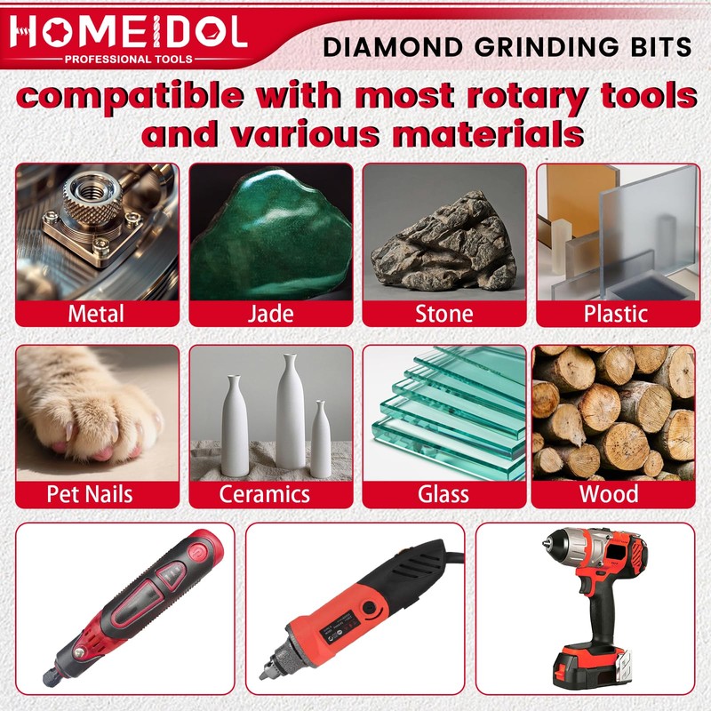 51Pcs Diamond Burr Bits Compatible with Dremel Tool Accessories, HOMEIDOL