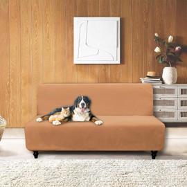 Snugglesinto Sofa Cover, Water Resistant Slipcover Furniture Protector, Washable Couch Cover with Non Slip and Elastic Straps for Kids, Dogs, Pets(Futon, Brown-Stripe)