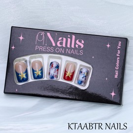 24PCS Independence Day Press on Nails Medium Square French Tip Glue on Nails with Star Design 4th of July Fireworks Fake Nails Full Cover Nude Glossy False Nails for Women Manicure Decoration