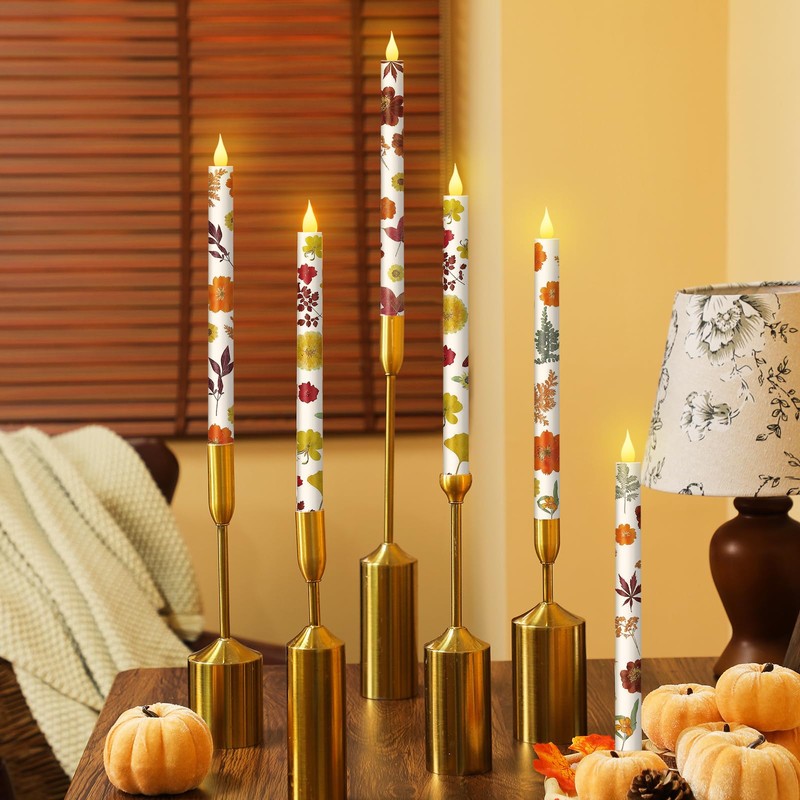 Nuanchu 6 Pcs Thanksgiving Flameless Taper Candles 10.6" LED Fall