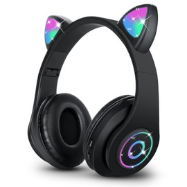 Sendowtek Wireless Headphones for Kids Adults Over Ear Cute Cat Ear Earphone with Flashing Lights Foldable Headphone Built-in Mic Cute Headphones for Kids Girls Boys (Black)
