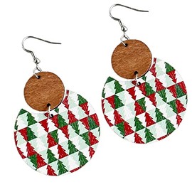 Colorful Christmas Plaid Round Wooden Dangle Earrings Dainty Christmas Plaid Snowflake Deer Tree Flower Print Earrings for Women Jewelry(D)