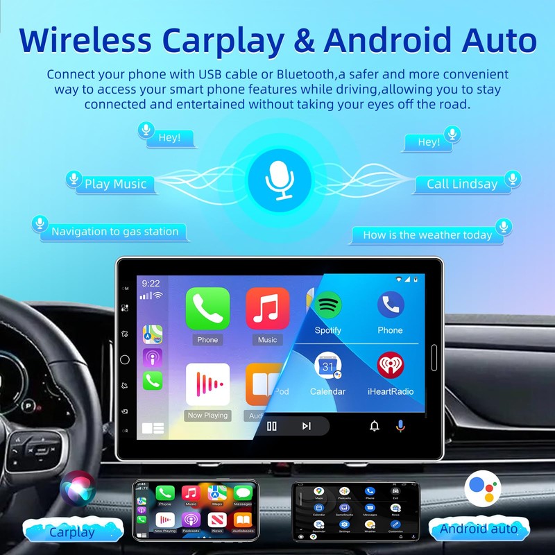 NHOPEEW Single Din 10 Inch Touchscreen Car Radio with Wireless