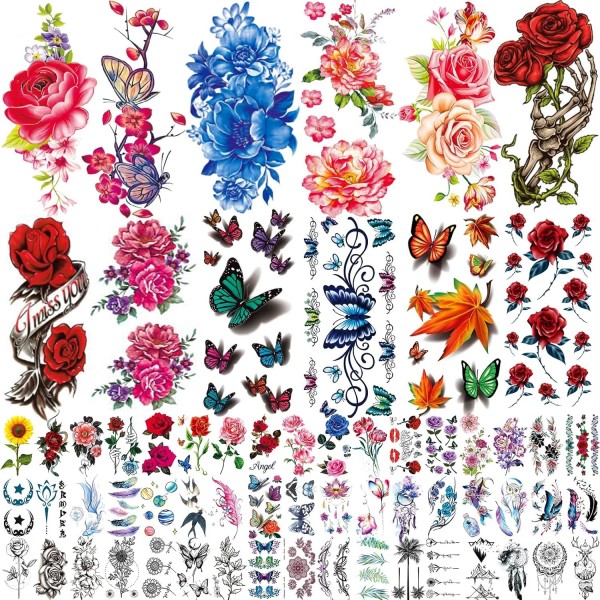 Zomme 82 Sheets Flowers Temporary Tattoos 42 Count (Pack of