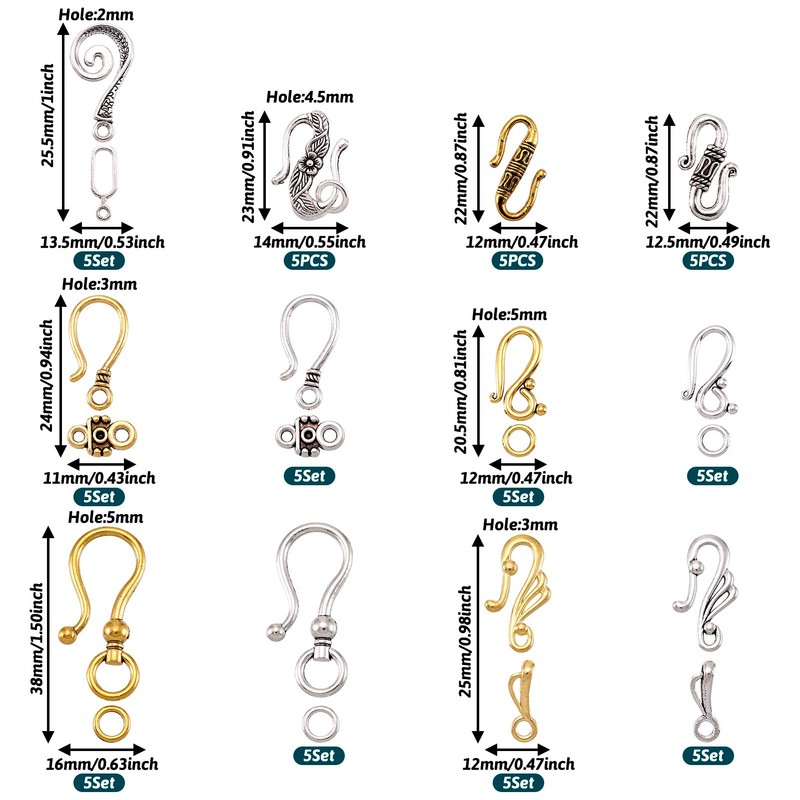 Beadthoven 60sets 8 Styles Tibetan S Hook Ring Toggle Clasps