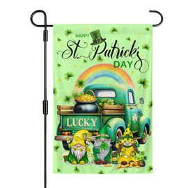 St Patrick's Day Garden Flag 12 x 18 Inch Lucky Shamrocks Truck Gnome Garden Flag Double Sided Polyester for St Patrick's Garden Yard House Decorative Flags