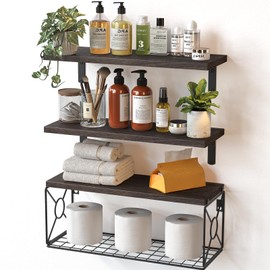 Amada Bathroom Shelves Over Toilet with Storage Basket, Floating Bathroom Wall Shelves for Home Organization & Wall Decor, Bathroom/Kitchen/Living Room Shelves–Rustic Brown