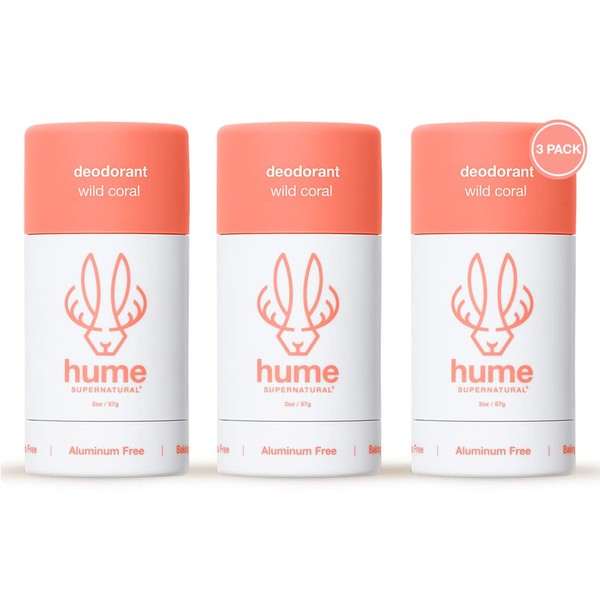Hume Supernatural Natural Deodorant Aluminum Free for Women & Men, Natural Ingredients, Probiotic, Plant Based, Baking Soda Free, Aloe, & Cactus Flower, Anti Sweat, Stain & Odor – (Wild Coral - 3 pack)