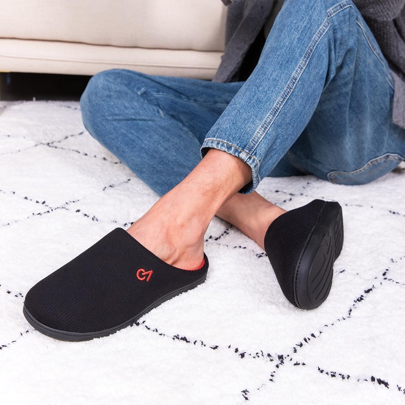 VeraCosy Men's Two-Tone Memory Foam Slippers, Black Ruby Red