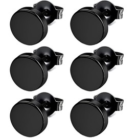 3 Pairs Black Hypoallergenic Stainless Steel Flat Back Ear Disc Stud Earrings Fake Flatback Gauge Male Tiny Flat Button Earring Faux Plugs Aretes Para Hombre Piercing Women Men 5 mm