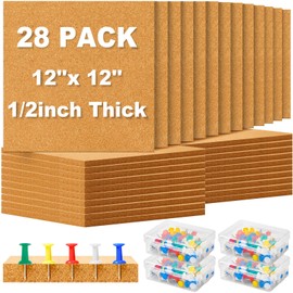 Cork Board Tiles 12 x 12 in 1/2 in Thick Square Bulletin Boards Cork Tiles Bulk with Push Pins Mini Natural Self Adhesive Backing Corkboards Tiles for Wall Home Office School Floor DIY(28 Pcs)