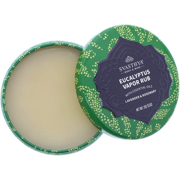 SVASTHYA BODY & MIND Eucalyptus Vapor Rub - Opens Nasal Passages & Moisturizes The Skin, Cough, Stuffy Nose & Congestion Relief, Olive Oil, Beeswax, Lavender, Rosemary - Made in The USA, 2oz