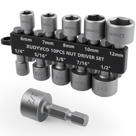 XUDYVCO 10PCS Power Nut Driver Set for Impact Drill, Professional Metric & SAE Nut Drivers Bit Set with Tight Fit Storage Holder, Drill Socket Set with Ridge Design 1/4 Hex Shank for Wide Compability