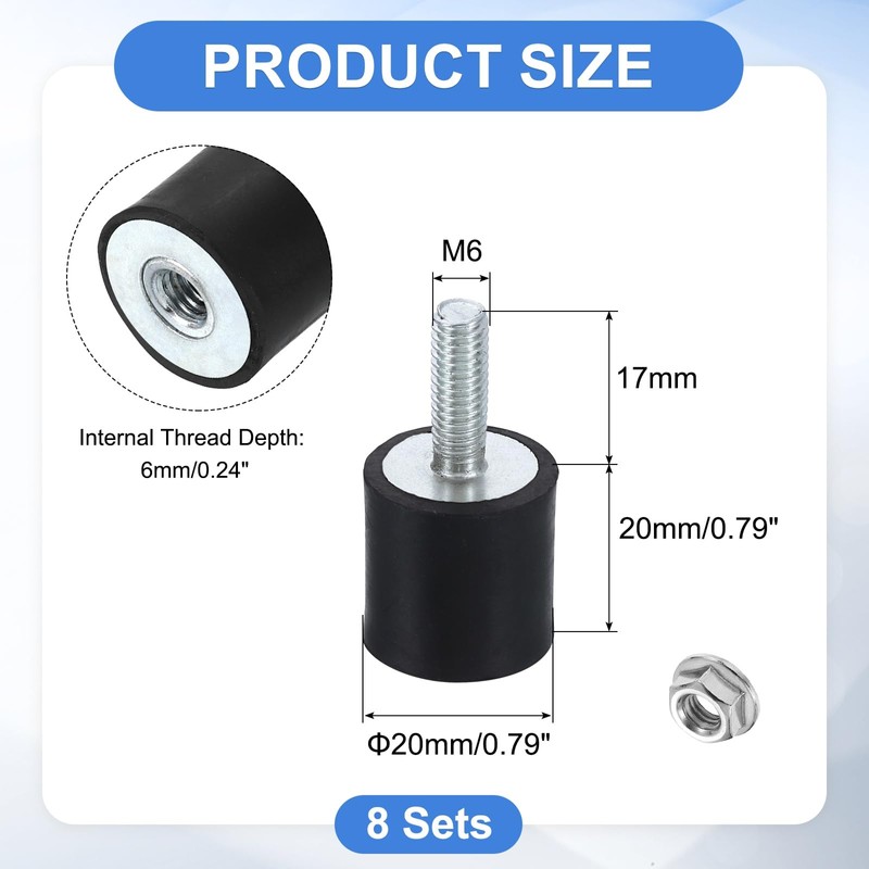uxcell M6 Rubber Mounts, 8Pcs 20x20mm(DxH) Rubber Cylindrical Anti Vibration