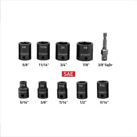 VEGA 3/8 Socket Set SAE - Mechanics Tool Set Impact Grade Socket and Socket Adapter. Includes Holder and Carabiner (10pc)