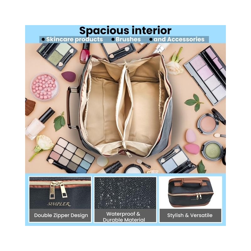 Premium Travel Makeup Bag, Large Cosmetic Case with Handle, (Black)