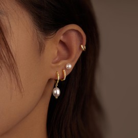 POXTEX Gold Pearl Earrings for Women,Huggie Small Stack Cartilage Stud Hoop Earring Sets for Multiple Double Piercing, Conch Helix Rook Tragus Daith Piercing Gold Clip On Jewelry Set Gifts