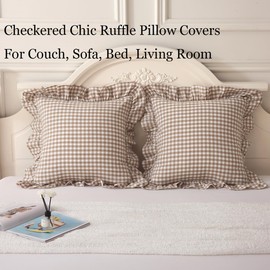 Silnuo Ruffle Taupe Plaid Throw Pillow Covers Set of 2,Washed Cotton Shabby Checkered Gingham Pillow Shams Decorative Shams 24"x24" for Sofa,Couch,Liviing Room