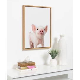 Kate and Laurel Sylvie Animal Studio Piglet Framed Canvas Wall Art by Amy Peterson Art Studio; 18x24 Natural; Whimsical Fun Animal Nursery Art for Wall