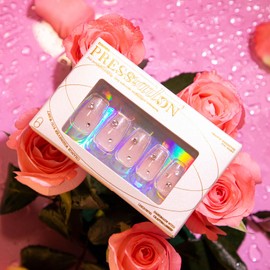 Vokupoga Coffin Press on Nails Medium Fake Nails Silver Glitter French Tip Nail Press ons Pink False Nails with Designs 3D Rhinestones Acrylic Artificial Nails Natural Stick on Nails for Women 30Pcs