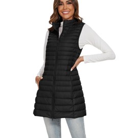 FlyGulls Long Puffer Vest for Women Winter Lightweight Down Vest Black Womens Vests Outerwear Sleeveless Jacket with Pockets