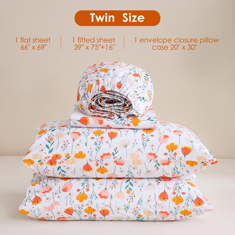 JSD Tulip Floral Sheet Set Twin Size, 3 Piece Spring